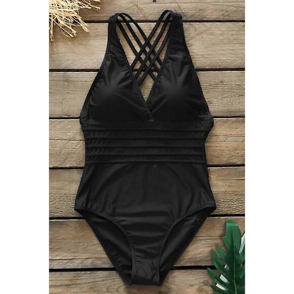 Catherine Malandrino Plunge Cross Back One-Piece Black Swimsuit Size Large - Picture 2 of 6